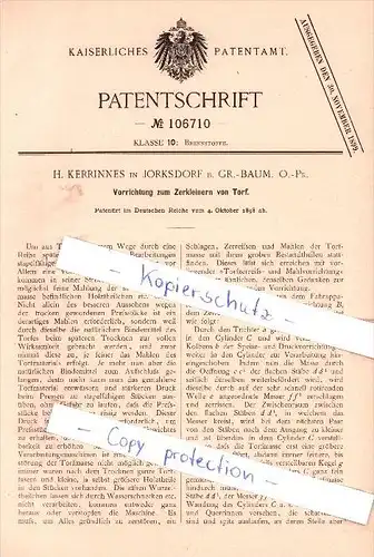 Original Patent - H. Kerrinnes in Jorksdorf b. Groß Baum , 1898 , Zerkleinern von Torf , Ostpreußen !!!