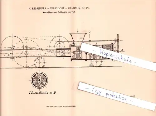 Original Patent - H. Kerrinnes in Jorksdorf b. Groß Baum , 1898 , Zerkleinern von Torf , Ostpreußen !!!