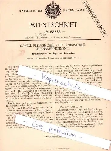 Original Patent - Königl. Preussisches Kriegs-Ministerium , Eisenbahnregiment , 1889 ,  !!!