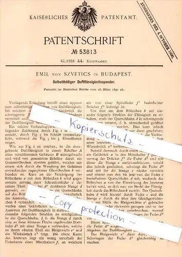 Original Patent - Emil von Szvetics in Budapest , 1890 , Selbstthätiger Duftflüssigkeitsspender !!!