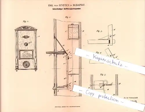 Original Patent - Emil von Szvetics in Budapest , 1890 , Selbstthätiger Duftflüssigkeitsspender !!!