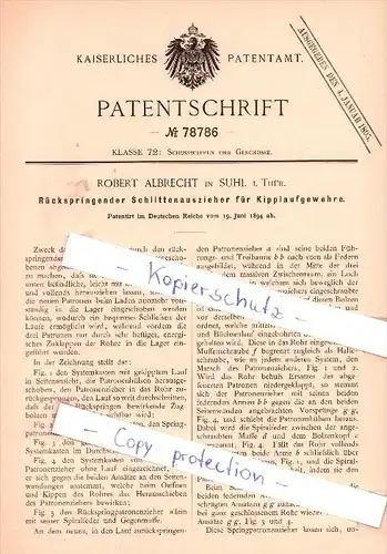 Original Patent - R. Albrecht in Suhl i. Thür. , 1894 , Schlittenaufzieher für Kipplaufgewehre !!!