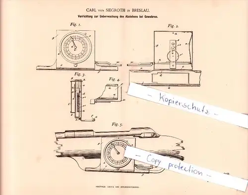 Original Patent - Carl von Siegroth in Breslau , 1894 , Ueberwachung des Abziehens bei Gewehren !!!