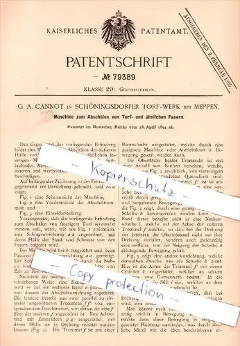 Original Patent - G. A. Cannot in Schöningsdorfer Torf-Werk bei Meppen , 1894 , !!!