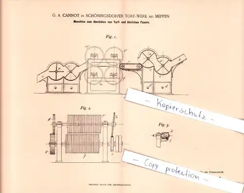 Original Patent - G. A. Cannot in Schöningsdorfer Torf-Werk bei Meppen , 1894 , !!!