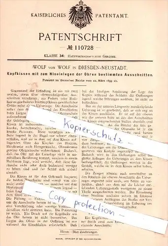 Original Patent - Wolf von Wolf in Dresden-Neustadt , 1899 , Kopfkissen  !!!
