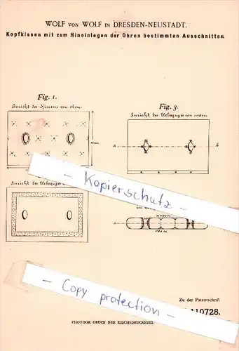 Original Patent - Wolf von Wolf in Dresden-Neustadt , 1899 , Kopfkissen  !!!