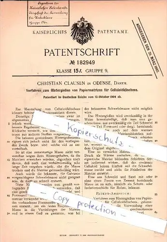 Original Patent - Christian Clausen in Odense , Dänem. , 1904 , Hintergießen von Papiermatritzen !!!