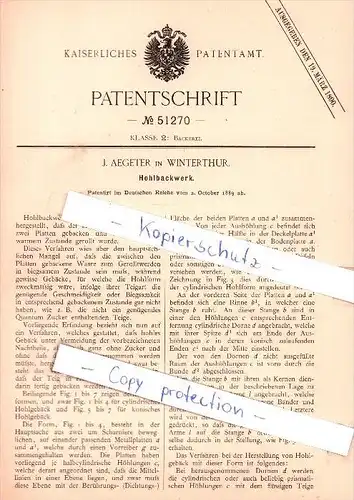 Original Patent - J. Aegeter in Winterthur  , 1889 , Hohlbackwerk , Bäckerei , Bäcker !!!