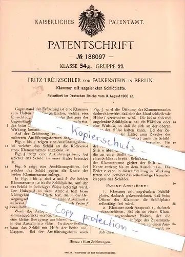 Original Patent - Fritz Trützschler von Falkenstein in Berlin , 1906 , Klammer mit Schildplatte !!!