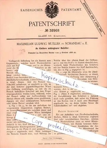 Original Patent - M. L. Mueller in Schandau a. E. , 1886 , An Kleidern anhängbarer Behälter !!!