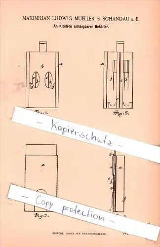 Original Patent - M. L. Mueller in Schandau a. E. , 1886 , An Kleidern anhängbarer Behälter !!!