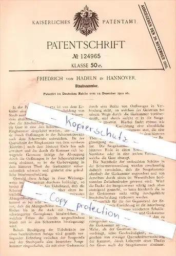 Original Patent - Friedrich von Hadeln in Hannover , 1900 , Staubsammler !!!