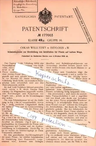 Original Patent - O. Willutzky in Iserlohn i. W. , 1904 , Herstellung von Gebißteilen für Pferde !!!