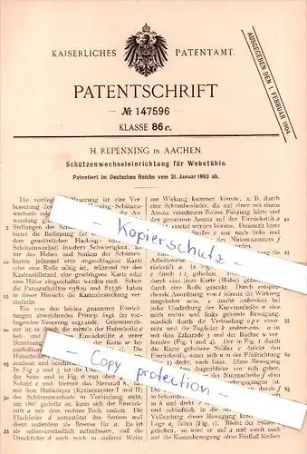 Original Patent - H . Repenning in Aachen , 1903 , Schützenwechseleinrichtung für Webstühle !!!