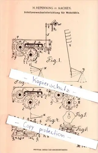Original Patent - H . Repenning in Aachen , 1903 , Schützenwechseleinrichtung für Webstühle !!!
