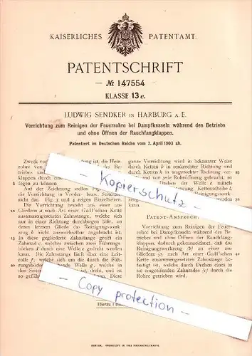 Original Patent - L. Sendker in Harburg a. E. , 1903 , Reinigen der Feuerrohre bei Dampfkesseln !!!