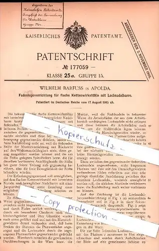 Original Patent - W. Barfuss in Apolda , 1905 , Fadenlegevorrichtung für Kettenwirkstühle !!!