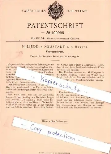 Original Patent - H. Liede in Neustadt a. d. Haardt , 1899 , Flaschenschrank !!!