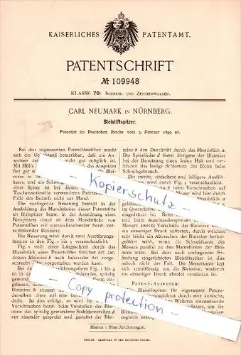 Original Patent - Carl Neumark in Nürnberg , 1899 , Bleistiftspitzer , Bleistift !!!