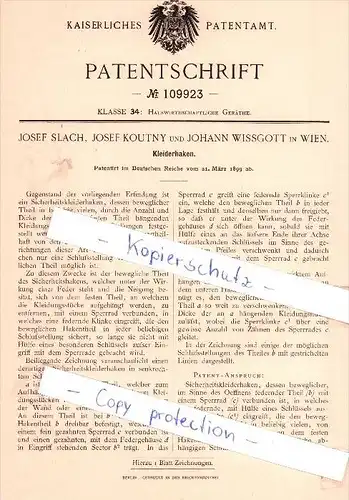 Original Patent - Josef Slach, Josef Koutny und Johann Wissgott in Wien , 1899 , Kleiderhaken !!!