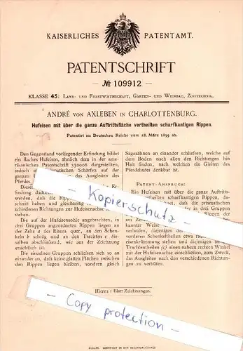 Original Patent - Andre von Axleben in Charlottenburg , 1899 , Hufeisen mit Rippen , Berlin !!!