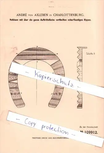 Original Patent - Andre von Axleben in Charlottenburg , 1899 , Hufeisen mit Rippen , Berlin !!!