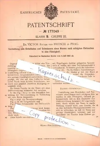 Original Patent - Dr. Victor Ritter von Fritsch in Prag , 1905 , Entstäuben und Entwässern eines Besens !!!