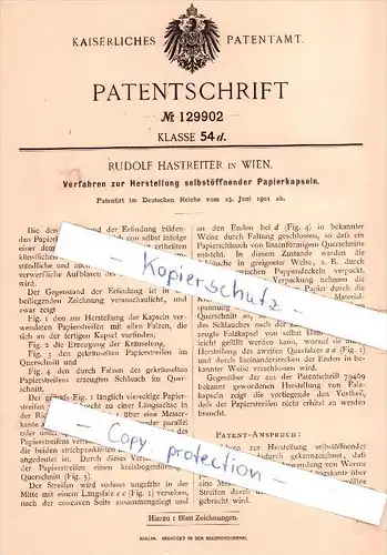 Original Patent - Rudolf Hastreiter in Wien , 1901 , Herstellung selbstöffnender Papierkapseln !!!