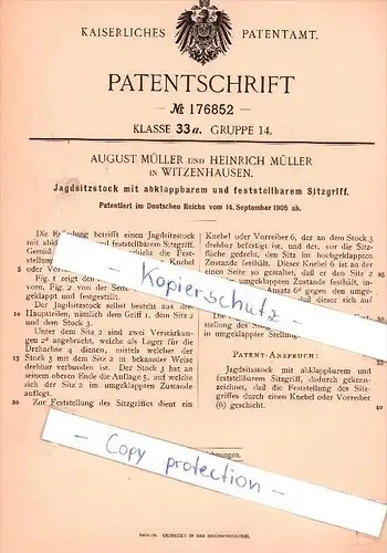 Original Patent - A. und H. Müller in Witzenhausen , 1905 , Jagdsitzstock mit Sitzgriff , Jagd !!!