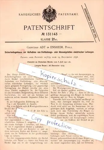 Original Patent - Gebrüder Adt in Ensheim , Pfalz , 1901 ,  Abzweigstellen elektrischer Leitungen !!!