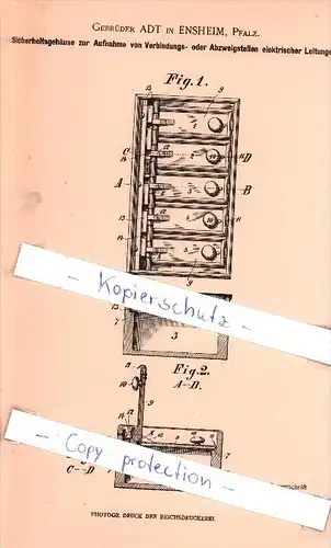 Original Patent - Gebrüder Adt in Ensheim , Pfalz , 1901 ,  Abzweigstellen elektrischer Leitungen !!!