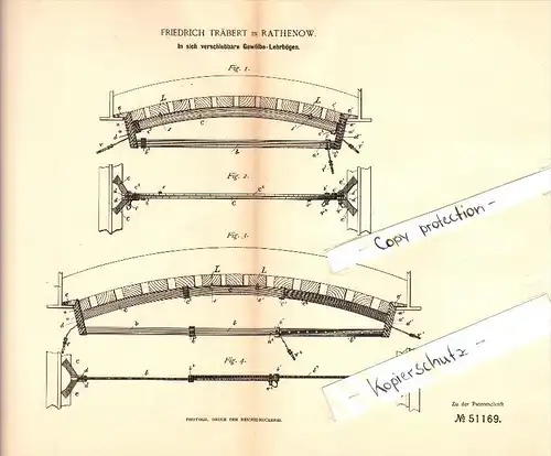 Original Patent - Friedrich Träbert in Rathenow , 1889 , Gewölbe - Lehrbogen , Architektur , Architekt !!!