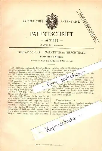 Original Patent - G. Schulz in Naßletteb b. Tirschtiegel / Trzciel , 1889 , Schuhsohlen-Messer , Westpreussen , Meseritz