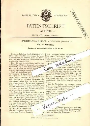 Original Patent -  Bartholomäus Kodl in Radotin / Chyse , 1882 , Heiz- und Kühlröhren !!!