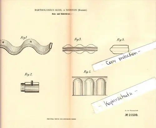 Original Patent -  Bartholomäus Kodl in Radotin / Chyse , 1882 , Heiz- und Kühlröhren !!!