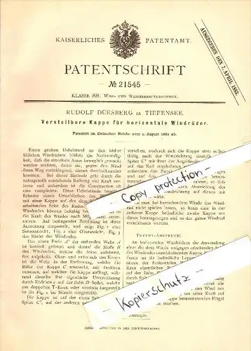 Original Patent - R. Düesberg in Tiefensee b. Werneuchen , 1882, Kappe für Windräder , Windpark , Windmühle , Falkenberg
