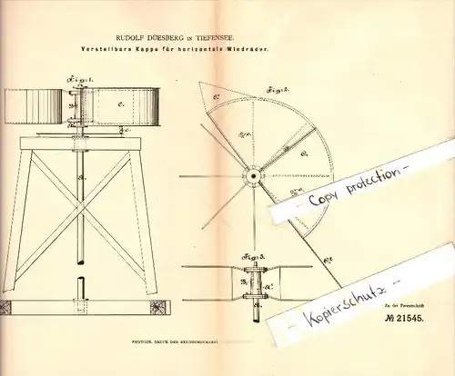 Original Patent - R. Düesberg in Tiefensee b. Werneuchen , 1882, Kappe für Windräder , Windpark , Windmühle , Falkenberg