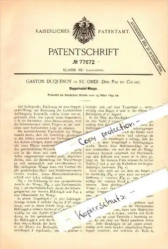 Original Patent - Gaston Duquenoy à Saint Omer , Pas de Calais , 1894 , Échelle double aiguille !!