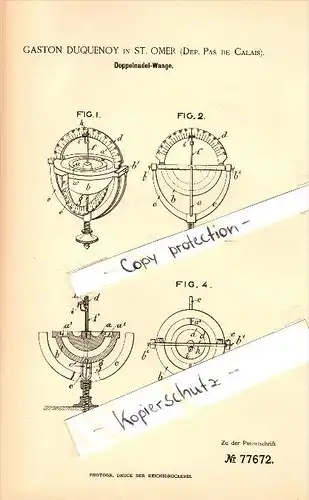 Original Patent - Gaston Duquenoy à Saint Omer , Pas de Calais , 1894 , Échelle double aiguille !!