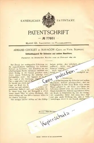 Original Patent - Armand Chollet in Maracon , Canton de Vaud , 1894 , Schlachtapparat für Schweine !!!