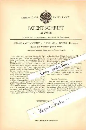 Original Patent - Simon Martinschitz in Flawinne b. Namur , 1894 , Faß aus zwei trennbaren Häften !!!