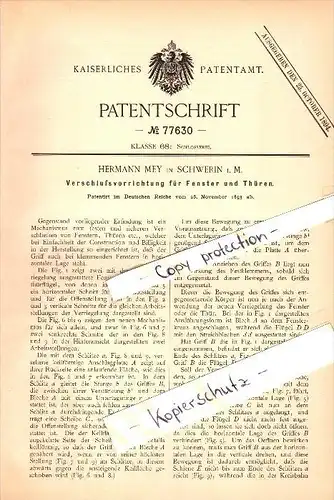 Original Patent - Hermann Mey in Schwerin i. Mecklenburg , 1893 , Verschluß für Fenter und Türen , Fensterbau , Bau !!!