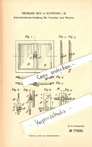 Original Patent - Hermann Mey in Schwerin i. Mecklenburg , 1893 , Verschluß für Fenter und Türen , Fensterbau , Bau !!!