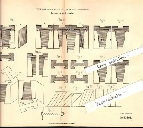 Original Patent - Jean Darrigan à Cagnotte , Landes , 1882 , Innovation de briques , tuile !!!