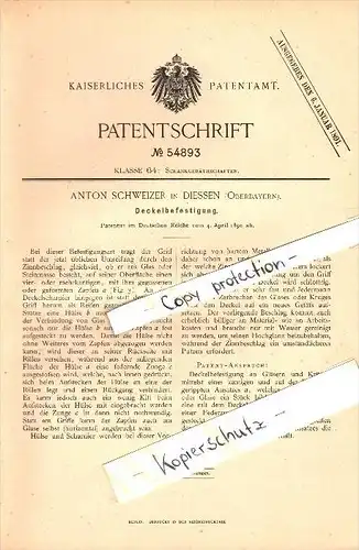 Original Patent - Anton Schweizer in Dießen am Ammersee , 1890 , Deckel für Bierkrug , Zinn , Diessen !!!