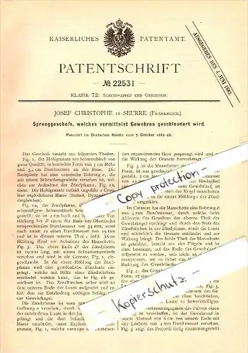 Original Patent - Josef Christophe à Seurre , 1882 , Un fusil de projectile explosif pour !!!