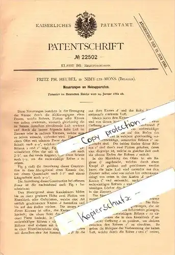 Original Patent - Fritz Heubel in Nimy-les-Mons , 1882 , Heizapparat , Heizung !!!