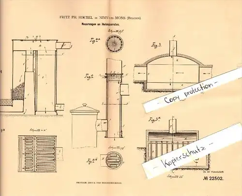 Original Patent - Fritz Heubel in Nimy-les-Mons , 1882 , Heizapparat , Heizung !!!