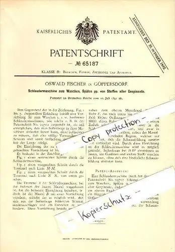 Original Patent - Oswald Fischer in Göppersdorf b. Burgstädt i.S.&#8203; , 1891 , Schleudermaschine , Waschmaschine !!!